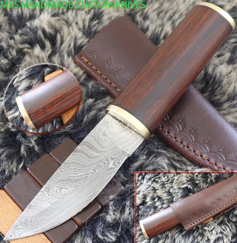 MKS HANDMADE DAMASCUS ART HUNTING PUUKKO KNIFE WITH HARDWOOD HANDLE