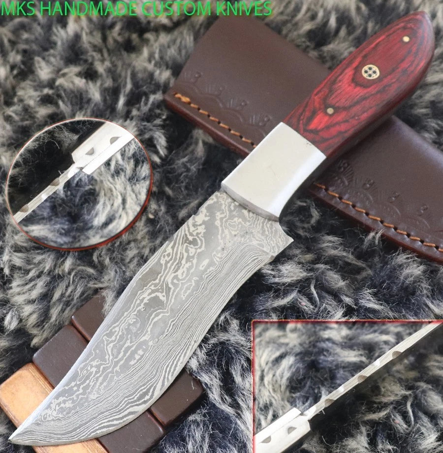 MKS HANDMADE DAMASCUS ART HUNTING CLIP-POINT BOWIE KNIFE WITH HARD WOOD HANDLE