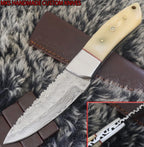 MKS HANDMADE DAMASCUS ART HUNTING DROP-POINT KNIFE WITH CAMEL BONE HANDLE
