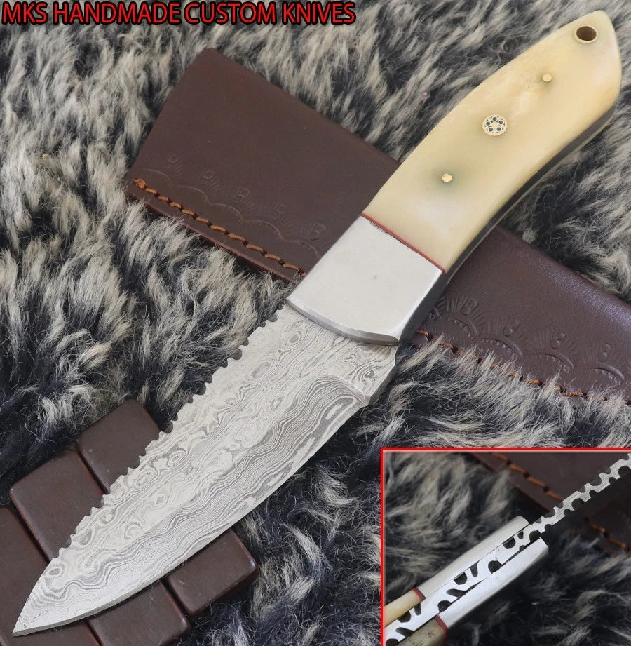 MKS HANDMADE DAMASCUS ART HUNTING DROP-POINT KNIFE WITH CAMEL BONE HANDLE