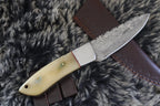 MKS HANDMADE DAMASCUS ART HUNTING DROP-POINT KNIFE WITH CAMEL BONE HANDLE