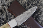 MKS HANDMADE DAMASCUS ART HUNTING DROP-POINT KNIFE WITH CAMEL BONE HANDLE