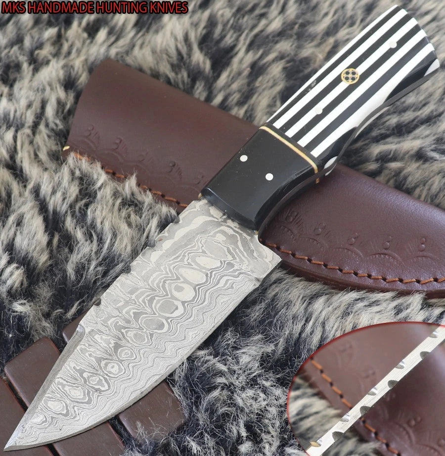 MKS HANDMADE DAMASCUS ART HUNTING DROP POINT KNIFE WITH CORIAN HANDLE