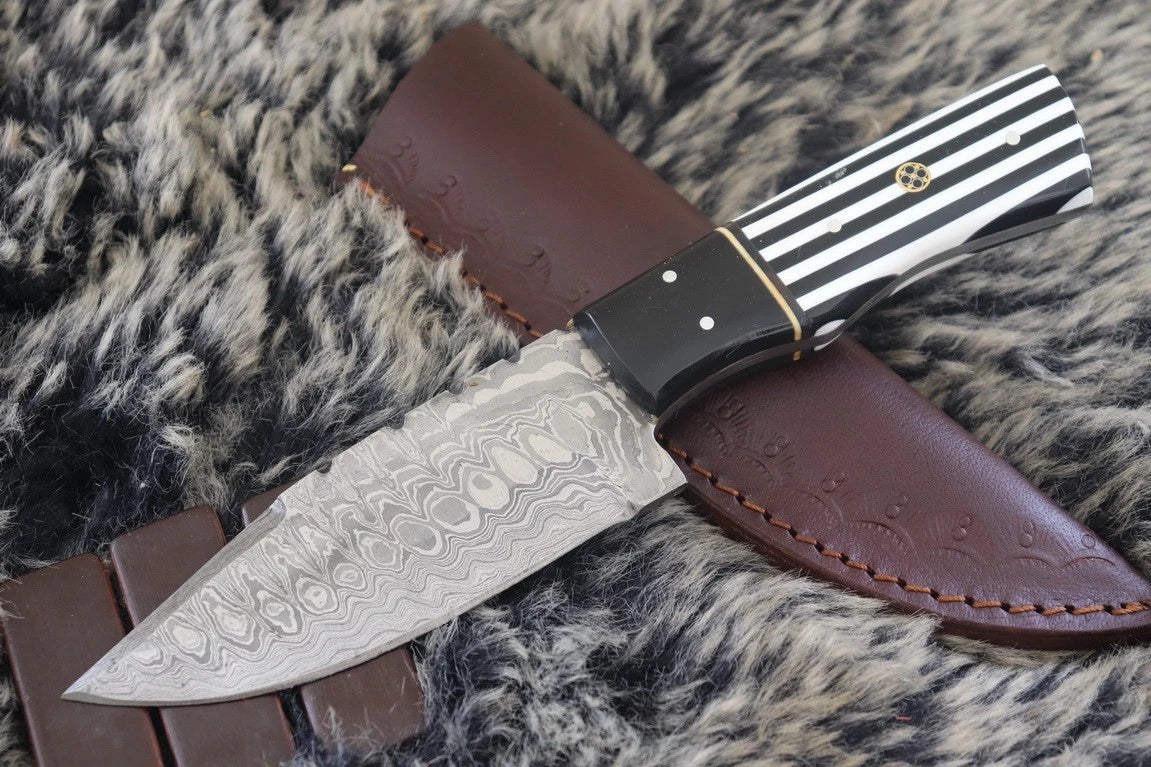MKS HANDMADE DAMASCUS ART HUNTING DROP POINT KNIFE WITH CORIAN HANDLE
