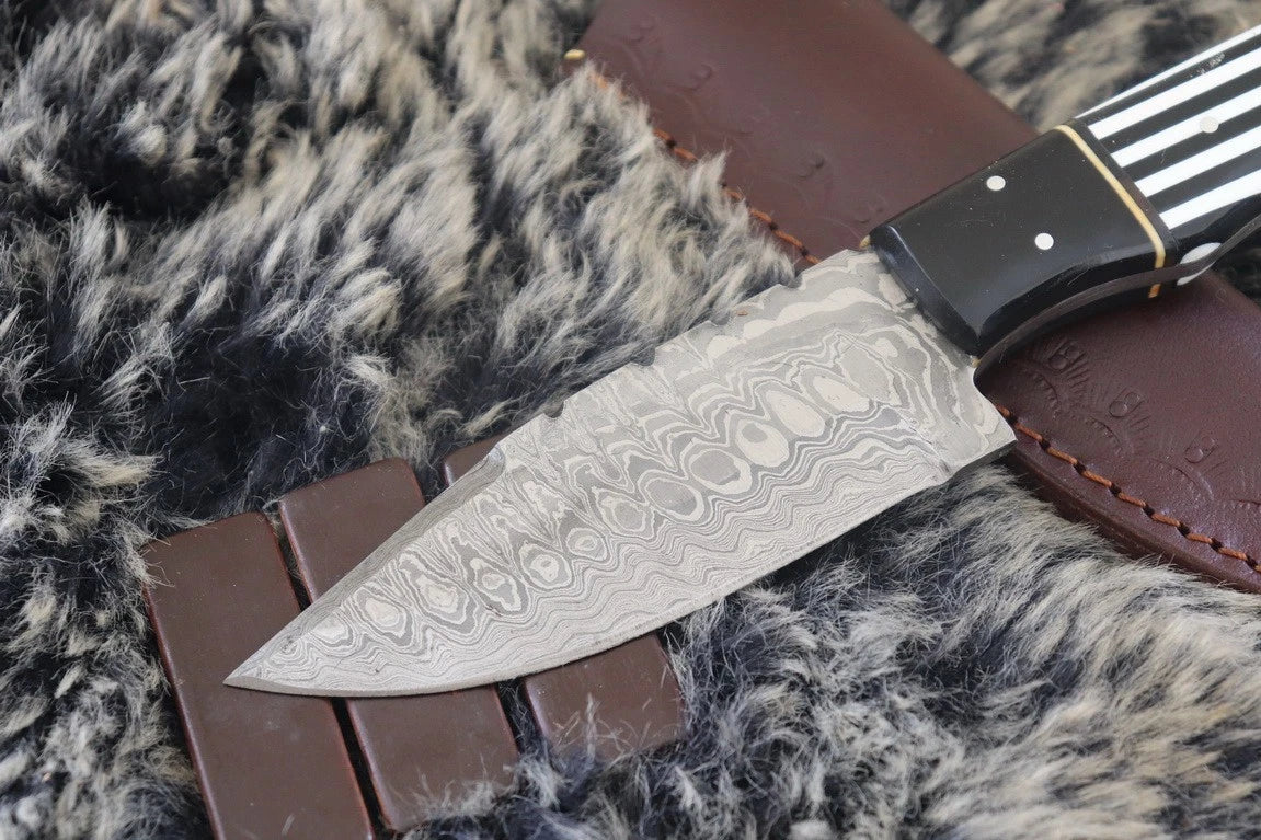 MKS HANDMADE DAMASCUS ART HUNTING DROP POINT KNIFE WITH CORIAN HANDLE