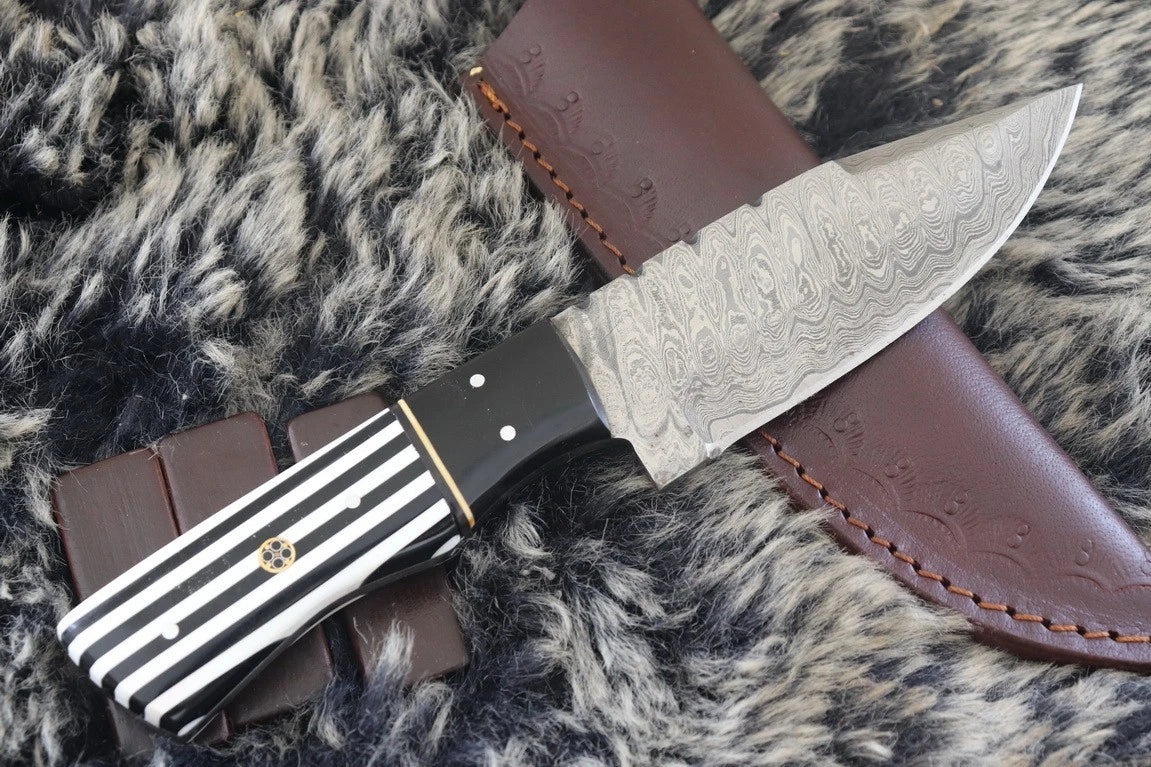 MKS HANDMADE DAMASCUS ART HUNTING DROP POINT KNIFE WITH CORIAN HANDLE