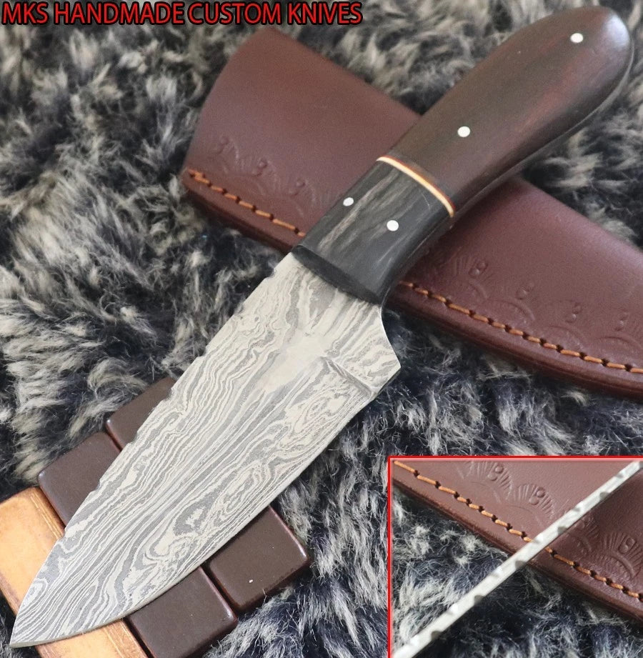 MKS HANDMADE DAMASCUS ART HUNTING SKINNER KNIFE WITH WALNUT WOOD HANDLE