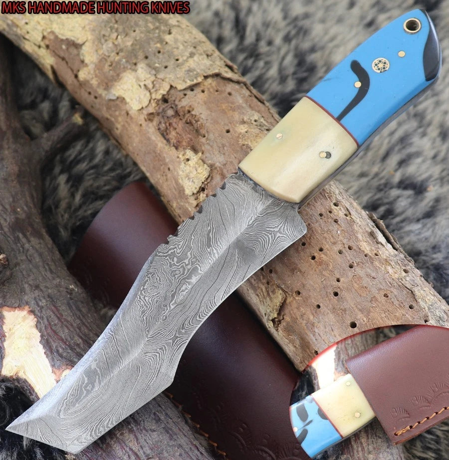 MKS HANDMADE DAMASCUS ART HUNTING CLIP-POINT BOWIE KNIFE WITH CORIAN HANDLE