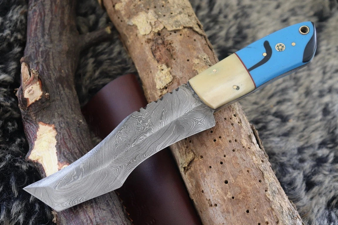 MKS HANDMADE DAMASCUS ART HUNTING CLIP-POINT BOWIE KNIFE WITH CORIAN HANDLE