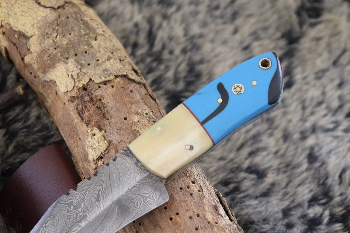 MKS HANDMADE DAMASCUS ART HUNTING CLIP-POINT BOWIE KNIFE WITH CORIAN HANDLE