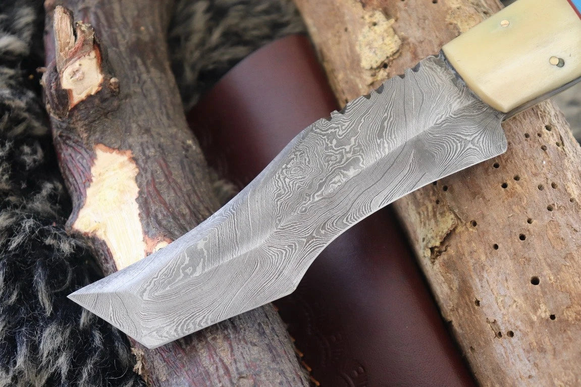 MKS HANDMADE DAMASCUS ART HUNTING CLIP-POINT BOWIE KNIFE WITH CORIAN HANDLE