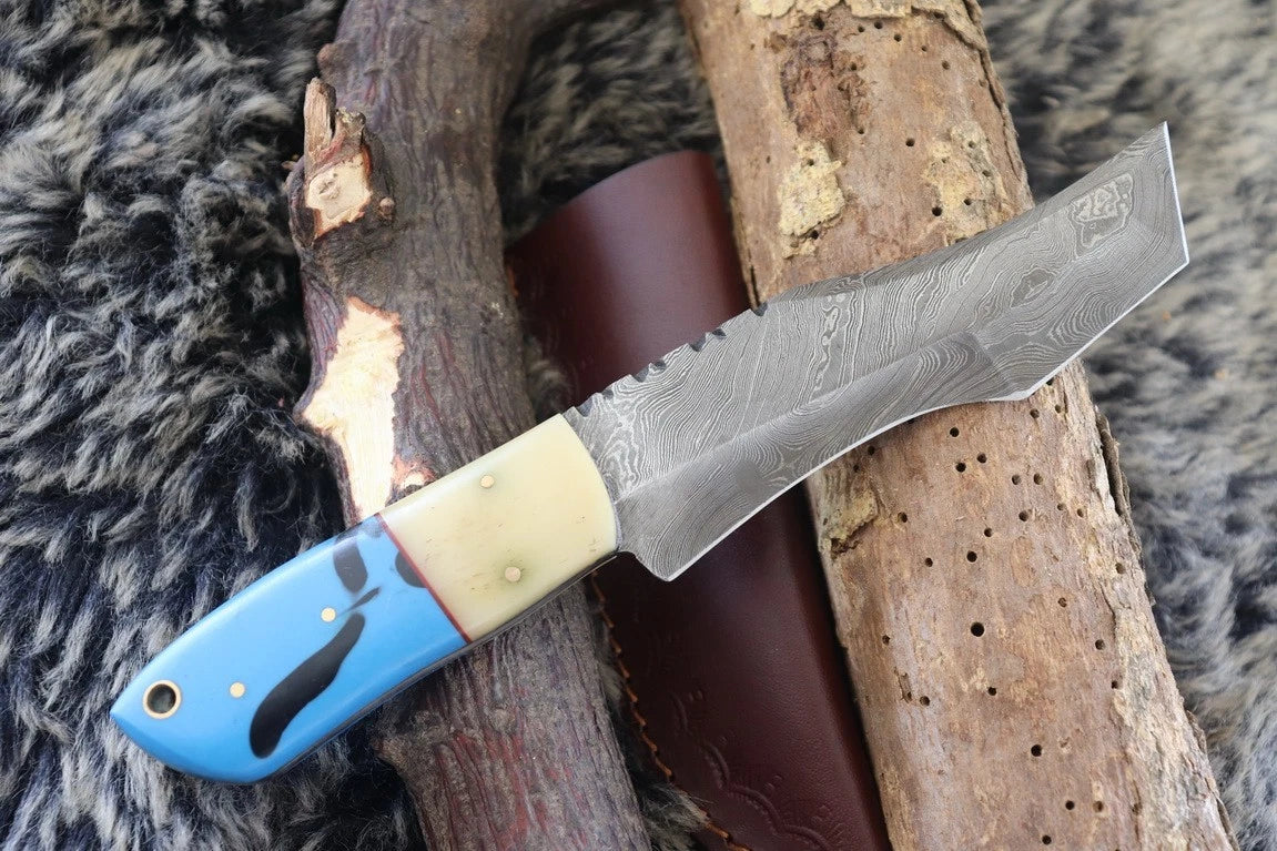 MKS HANDMADE DAMASCUS ART HUNTING CLIP-POINT BOWIE KNIFE WITH CORIAN HANDLE