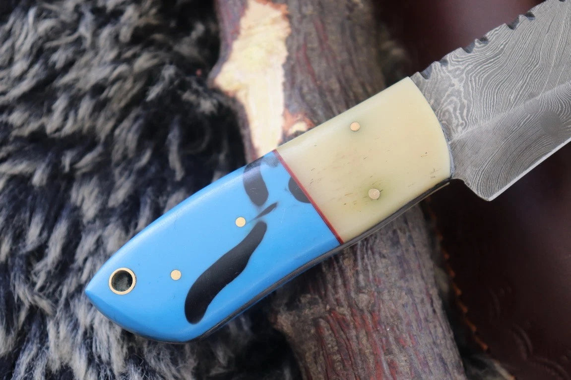 MKS HANDMADE DAMASCUS ART HUNTING CLIP-POINT BOWIE KNIFE WITH CORIAN HANDLE