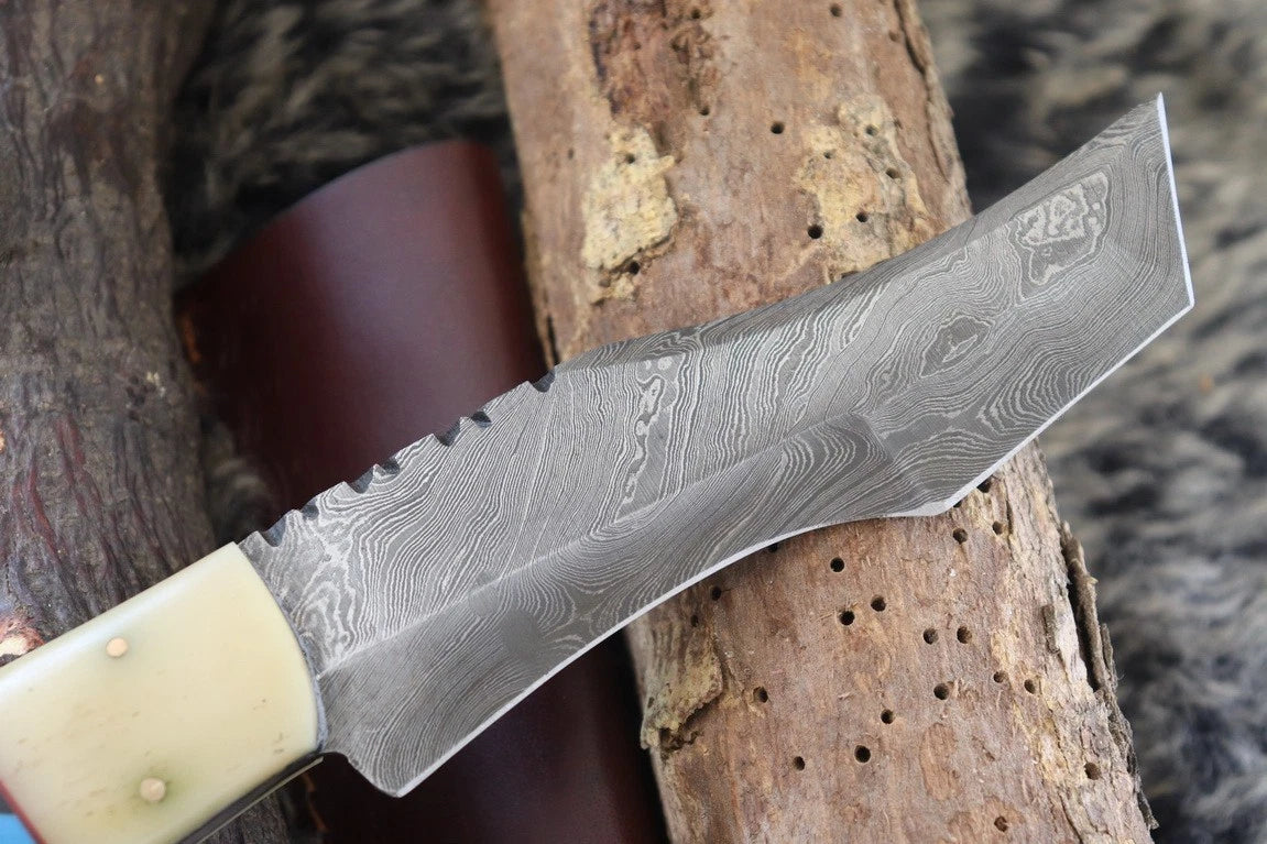 MKS HANDMADE DAMASCUS ART HUNTING CLIP-POINT BOWIE KNIFE WITH CORIAN HANDLE