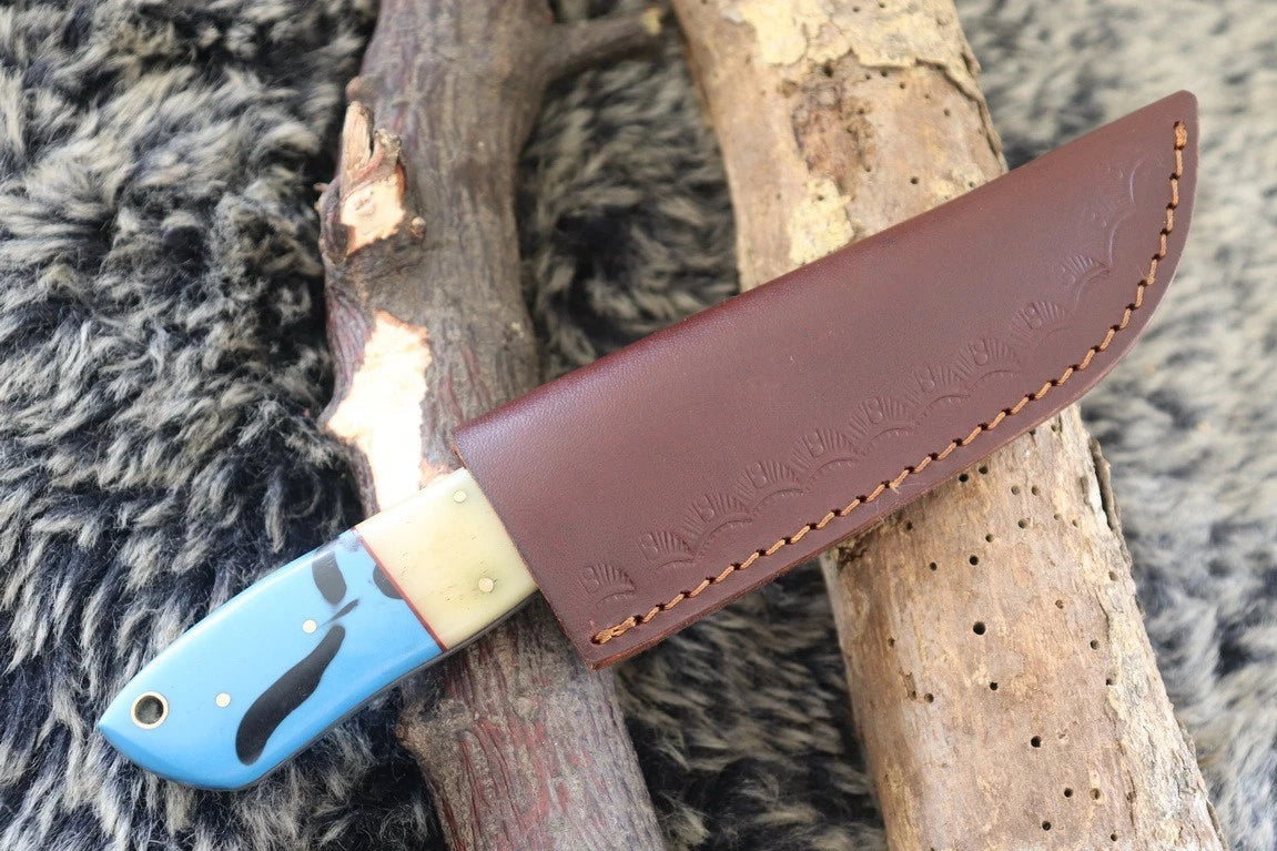 MKS HANDMADE DAMASCUS ART HUNTING CLIP-POINT BOWIE KNIFE WITH CORIAN HANDLE