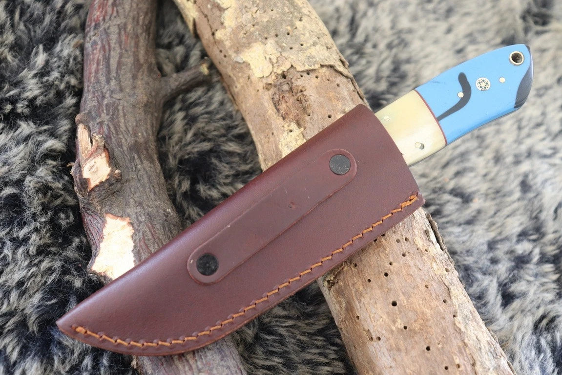 MKS HANDMADE DAMASCUS ART HUNTING CLIP-POINT BOWIE KNIFE WITH CORIAN HANDLE