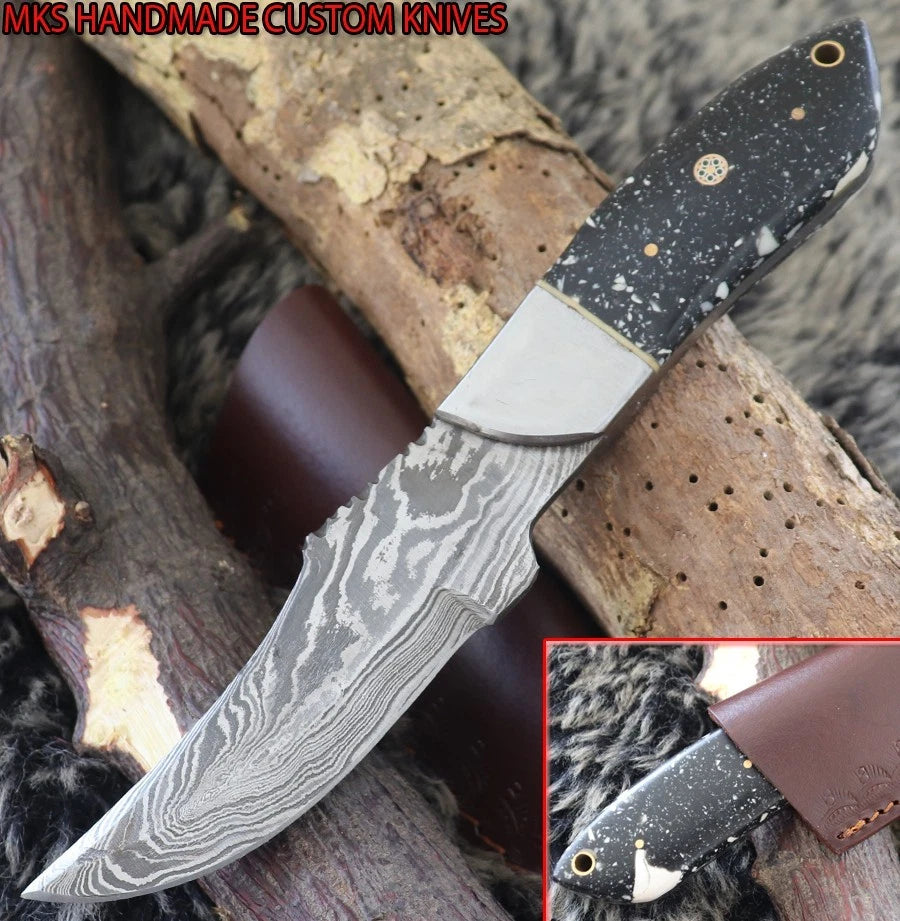 MKS HANDMADE DAMASCUS ART HUNTING DROP-POINT BOWIE KNIFE WITH CORIAN HANDLE