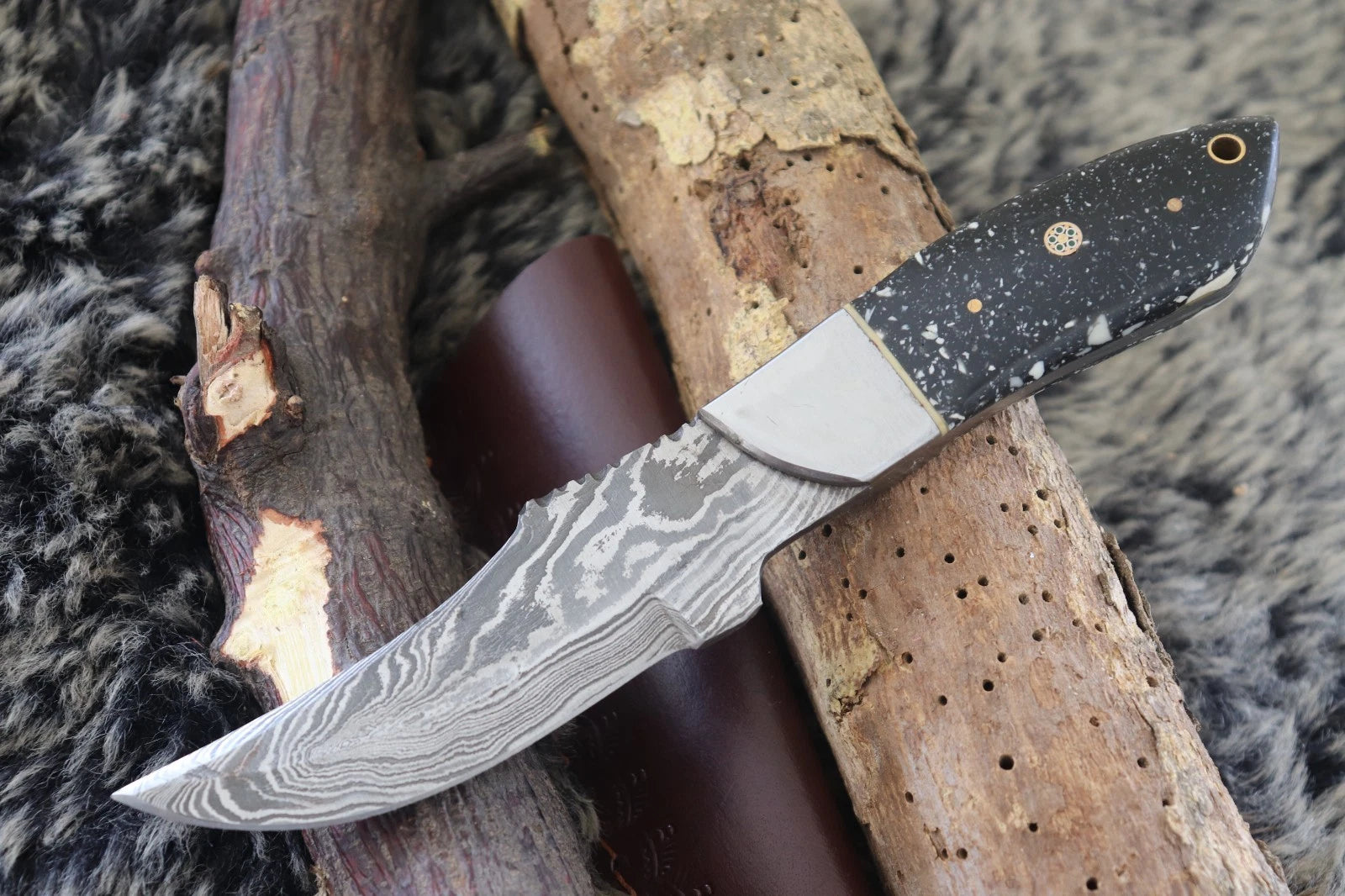 MKS HANDMADE DAMASCUS ART HUNTING DROP-POINT BOWIE KNIFE WITH CORIAN HANDLE