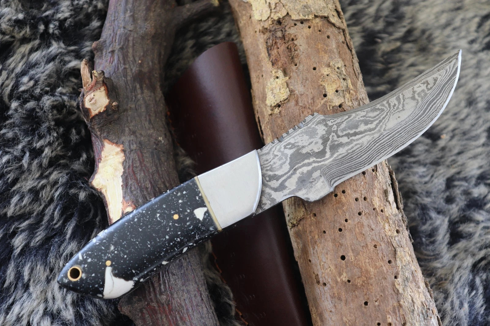 MKS HANDMADE DAMASCUS ART HUNTING DROP-POINT BOWIE KNIFE WITH CORIAN HANDLE