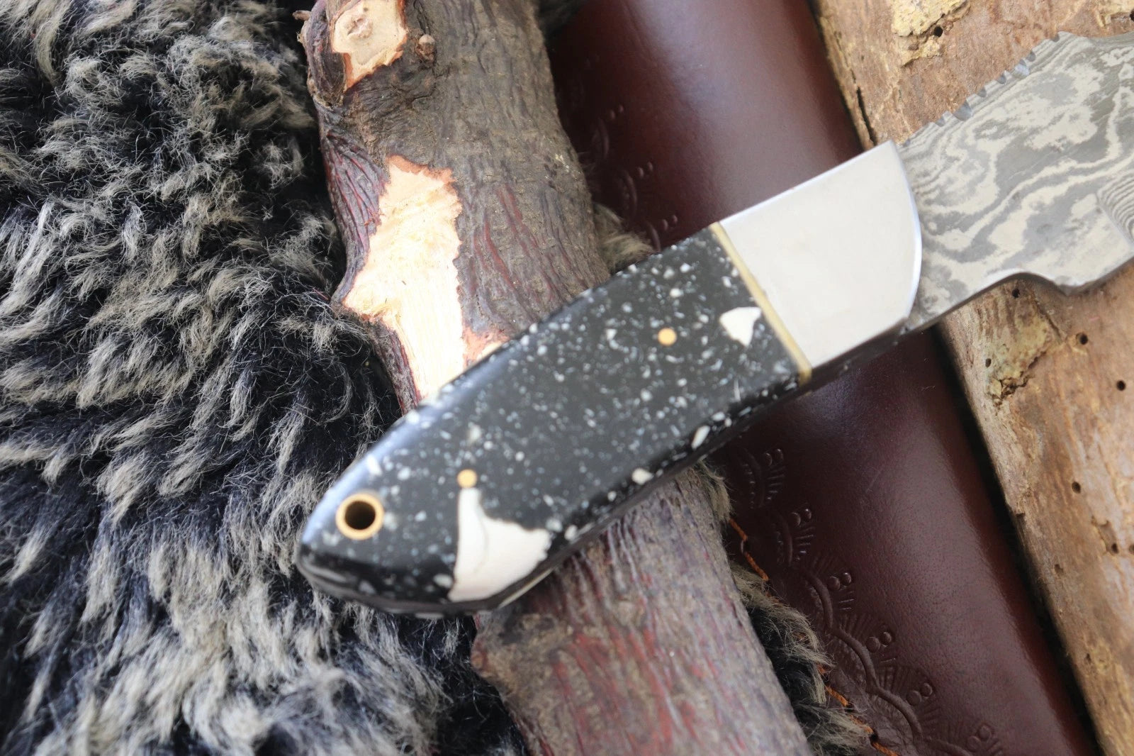 MKS HANDMADE DAMASCUS ART HUNTING DROP-POINT BOWIE KNIFE WITH CORIAN HANDLE