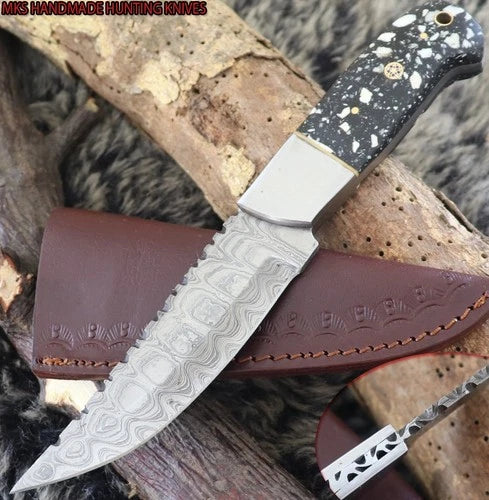 MKS HANDMADE DAMASCUS ART HUNTING DROP-POINT KNIFE WITH CORIAN HANDLE