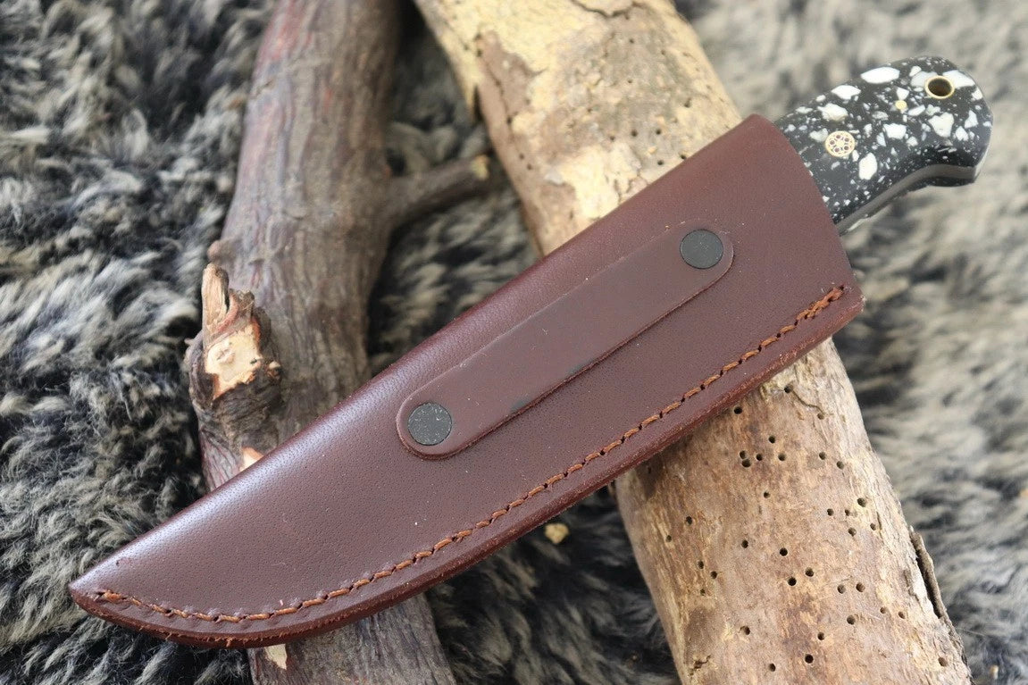MKS HANDMADE DAMASCUS ART HUNTING DROP-POINT KNIFE WITH CORIAN HANDLE