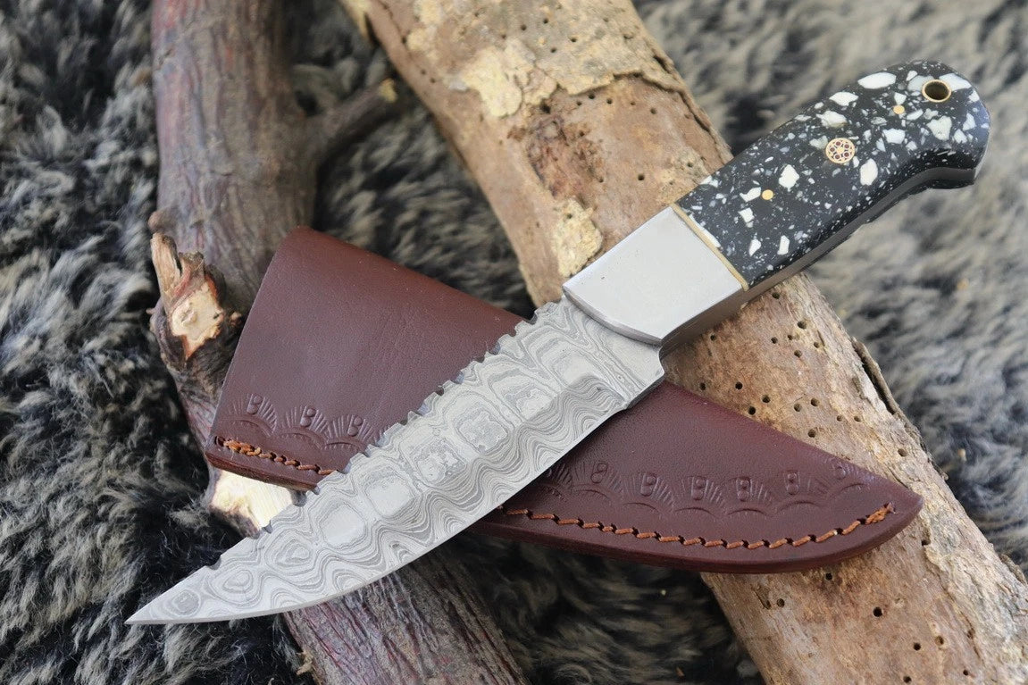 MKS HANDMADE DAMASCUS ART HUNTING DROP-POINT KNIFE WITH CORIAN HANDLE