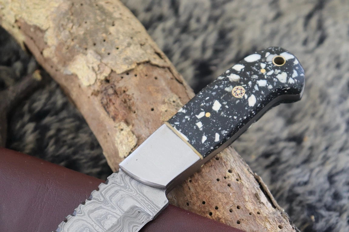 MKS HANDMADE DAMASCUS ART HUNTING DROP-POINT KNIFE WITH CORIAN HANDLE