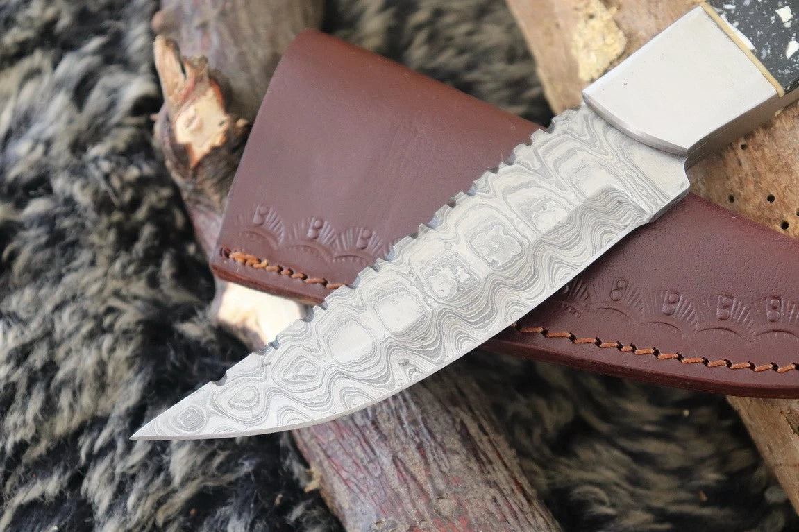 MKS HANDMADE DAMASCUS ART HUNTING DROP-POINT KNIFE WITH CORIAN HANDLE