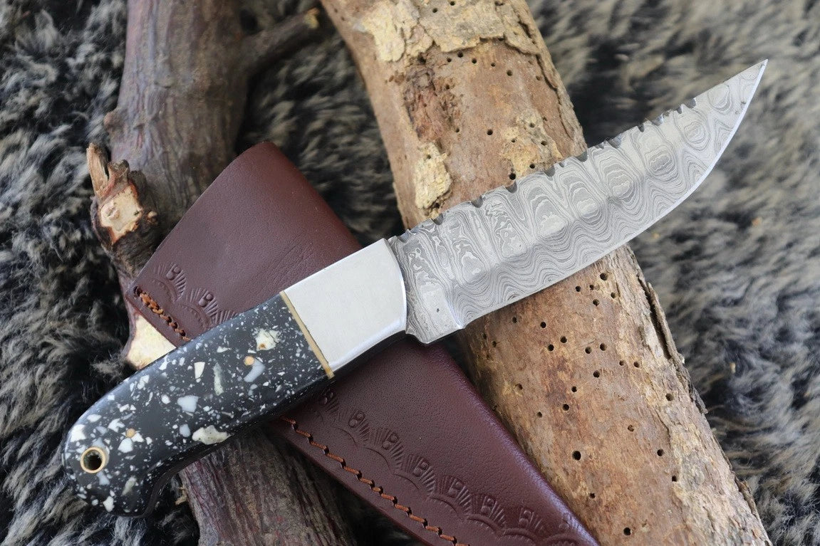 MKS HANDMADE DAMASCUS ART HUNTING DROP-POINT KNIFE WITH CORIAN HANDLE