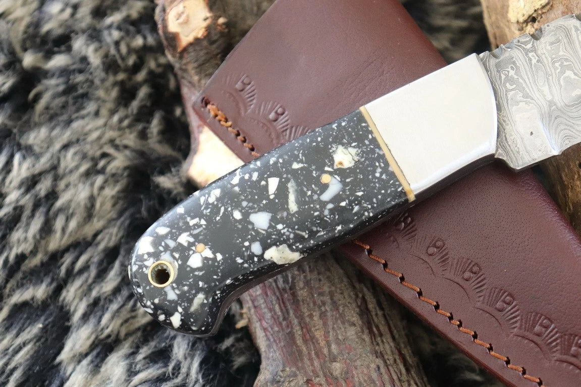 MKS HANDMADE DAMASCUS ART HUNTING DROP-POINT KNIFE WITH CORIAN HANDLE