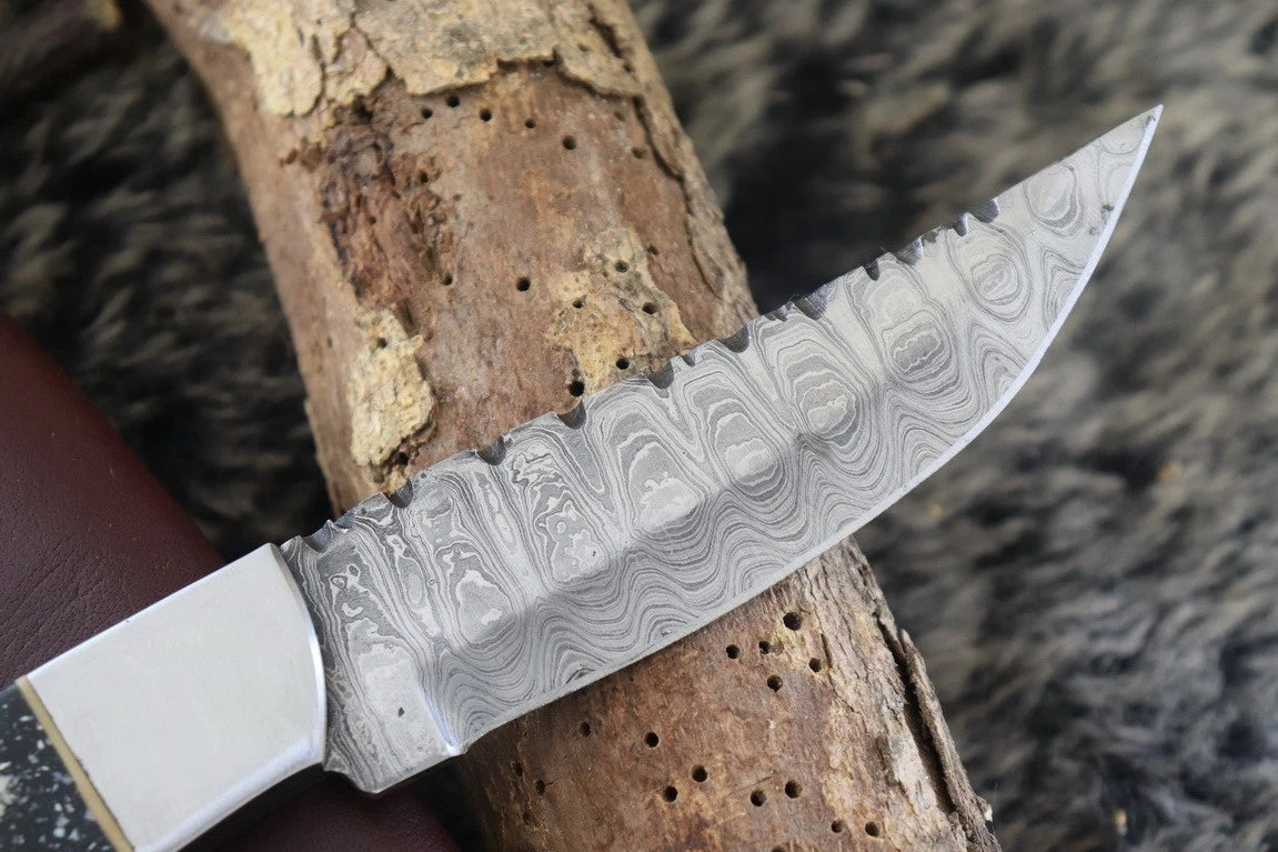 MKS HANDMADE DAMASCUS ART HUNTING DROP-POINT KNIFE WITH CORIAN HANDLE