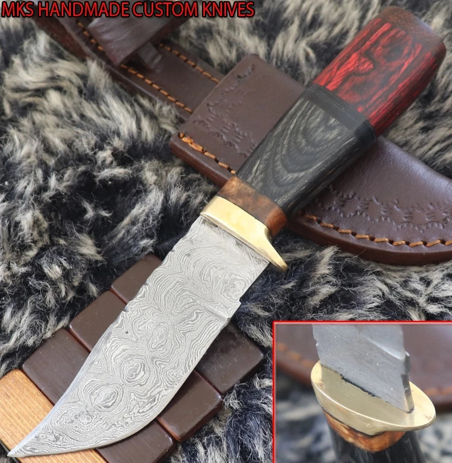 MKS HANDMADE DAMASCUS ART HUNTING CLIP-POINT KNIFE WITH HARD WOOD HANDLE