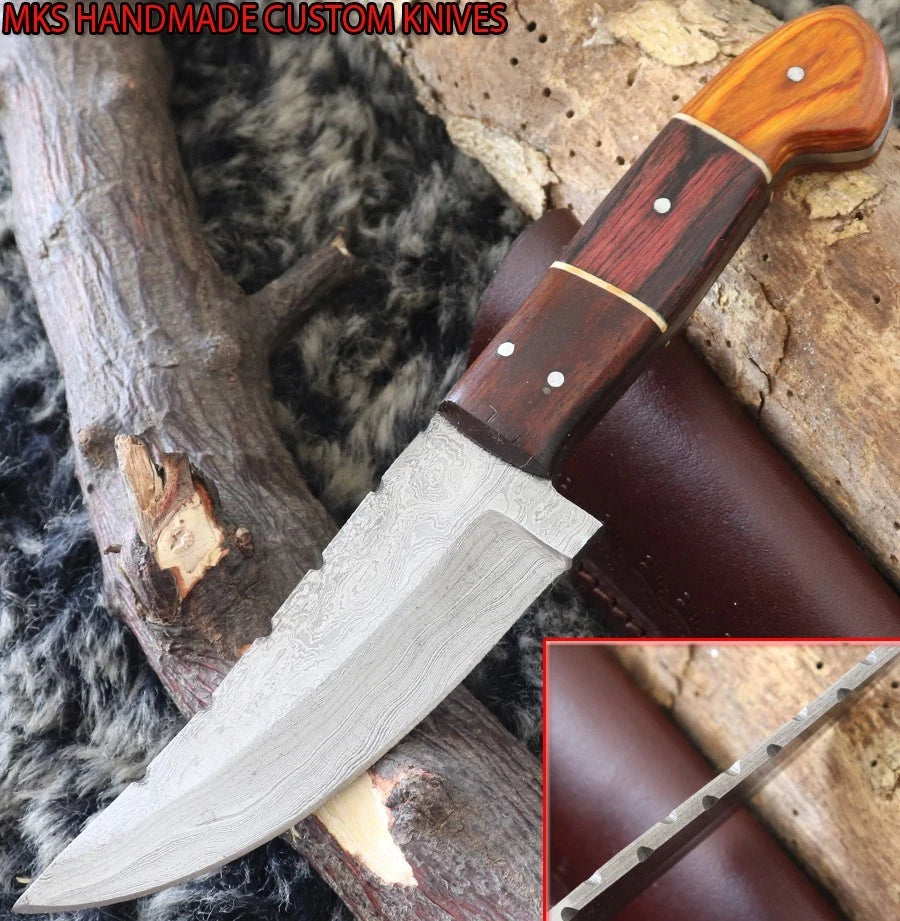 MKS HANDMADE DAMASCUS ART HUNTING CLIP-POINT KNIFE WITH HARD WOOD HANDLE