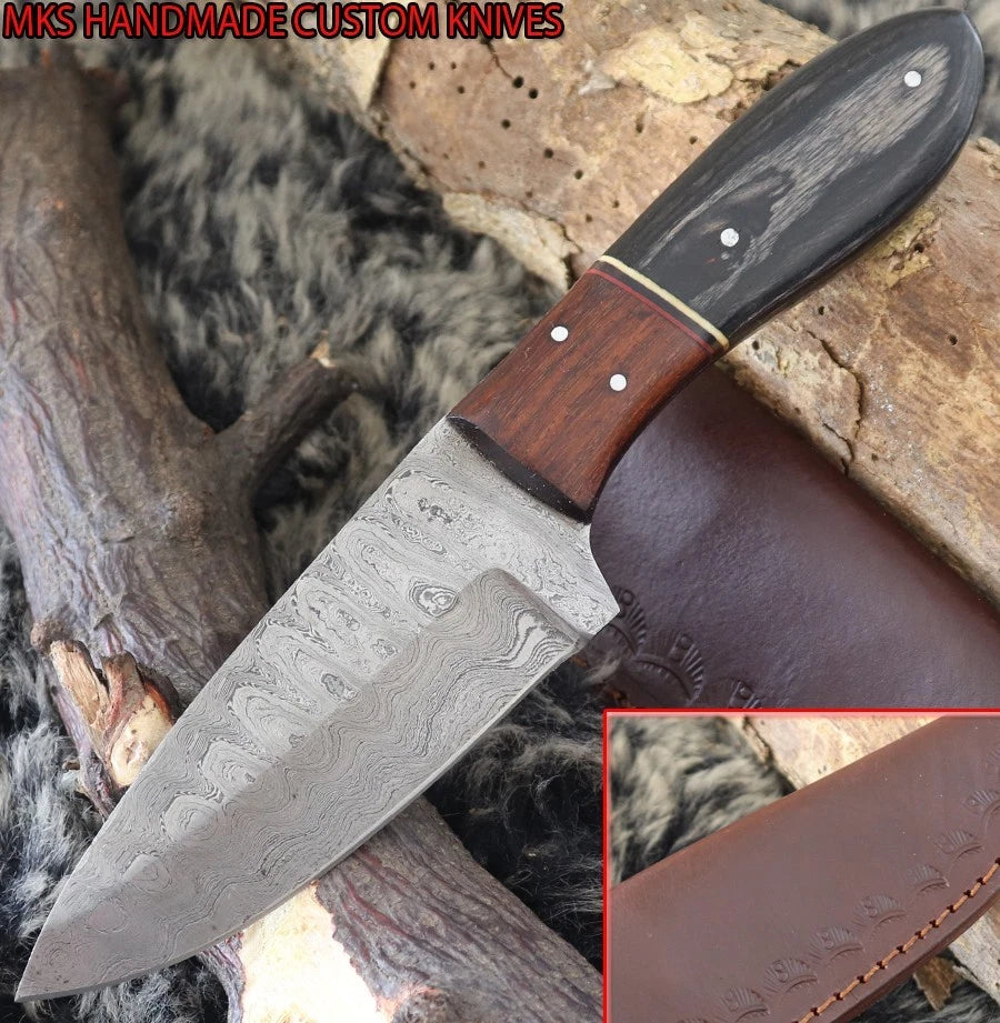 MKS HANDMADE DAMASCUS ART HUNTING SKINNER KNIFE WITH HARD WOOD HANDLE