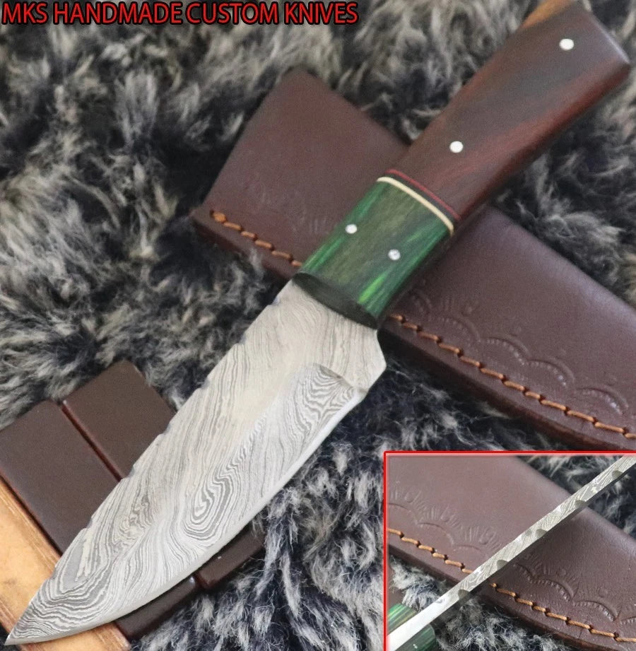 MKS HANDMADE DAMASCUS ART HUNTING DROP POINT KNIFE WITH WALNUT WOOD HANDLE